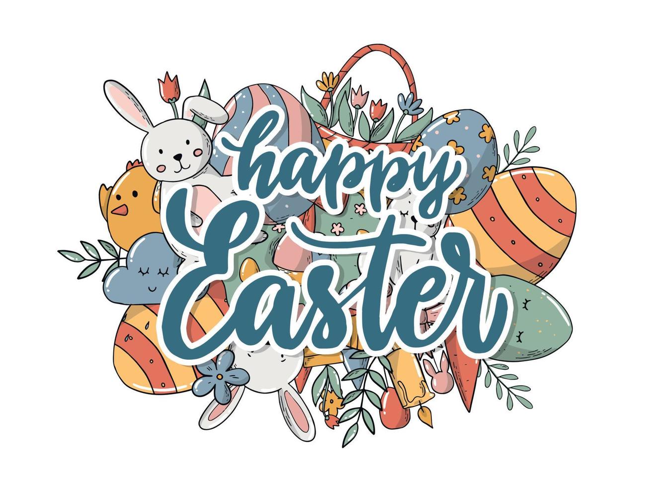 Happy Easter lettering quote decorated with doodles for greeting cards, posters, prints, stickers, banners, invitations, etc. EPS 10 vector