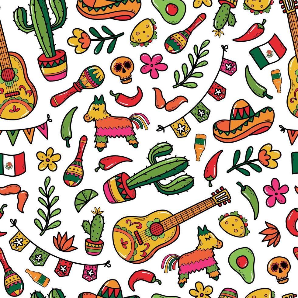 Cinco de Mayo seamless pattern, print with hand drawn doodles on white background. Wrapping paper, wallpaper, packaging, textile prints. EPS 10 vector