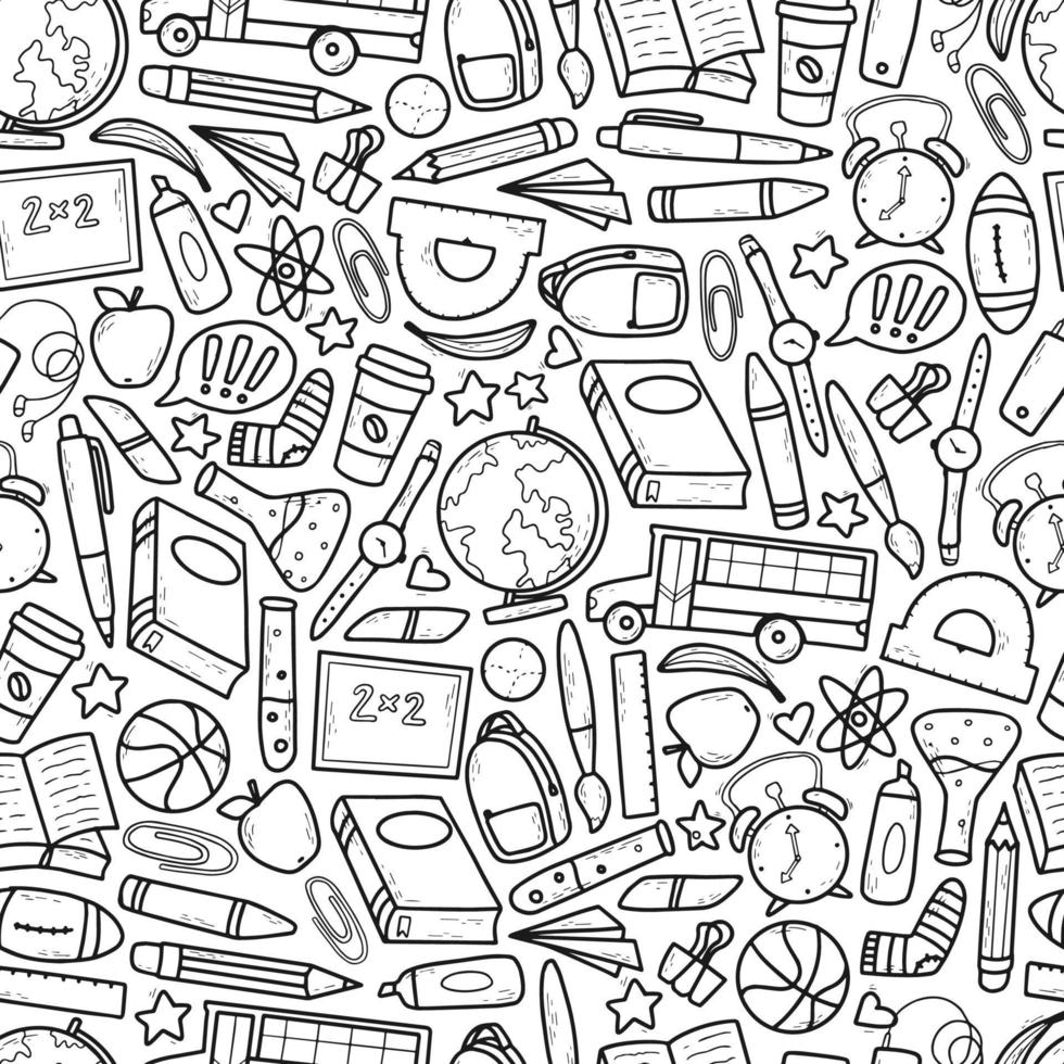 cute seamless pattern with hand drawn school doodles. Monochrome hand drawn objects are good for coloring pages, prints, wrapping paper, backgrounds, product decor, wallpaper, stationary, etc. EPS 10 vector