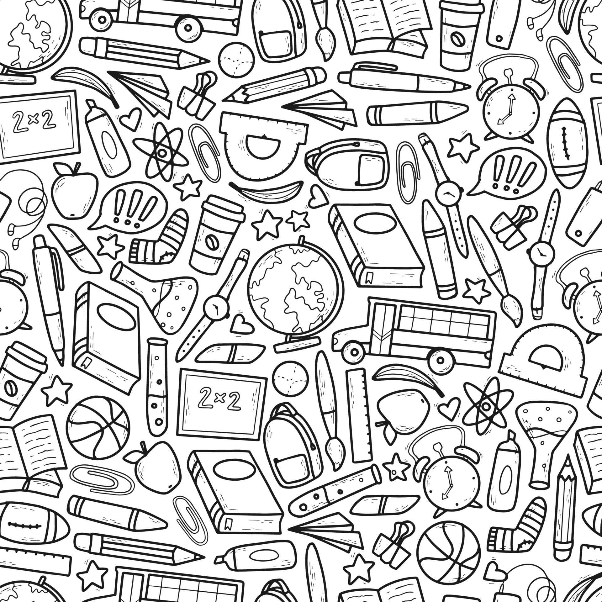 SEAMLESS PATTERN of hand drawn stationery in cartoon style. Sketch