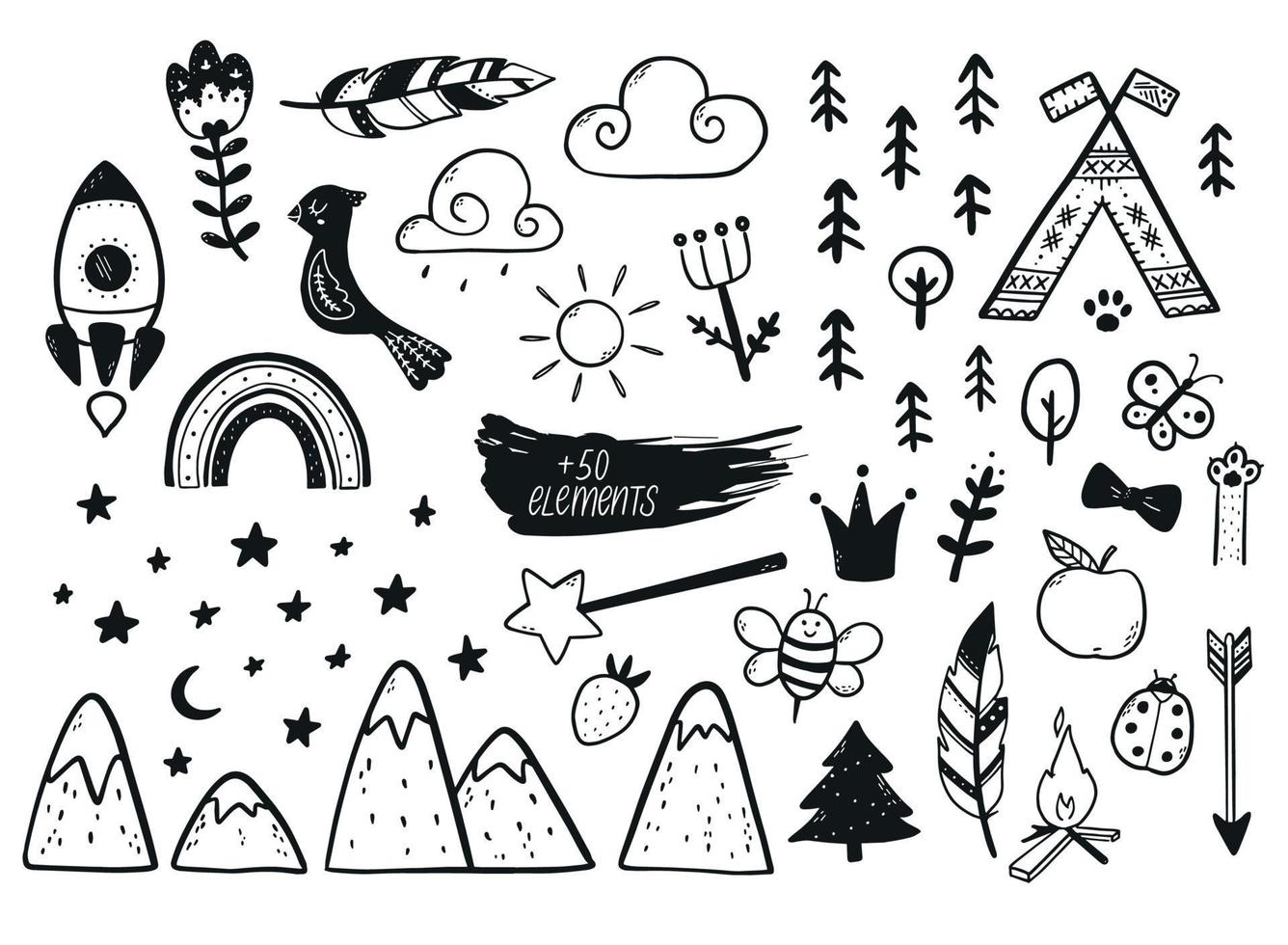 Set of nursery decorative elements, doodles, icons isolated on white background. Good for stickers, clipart, prints, etc. EPS 10 vector