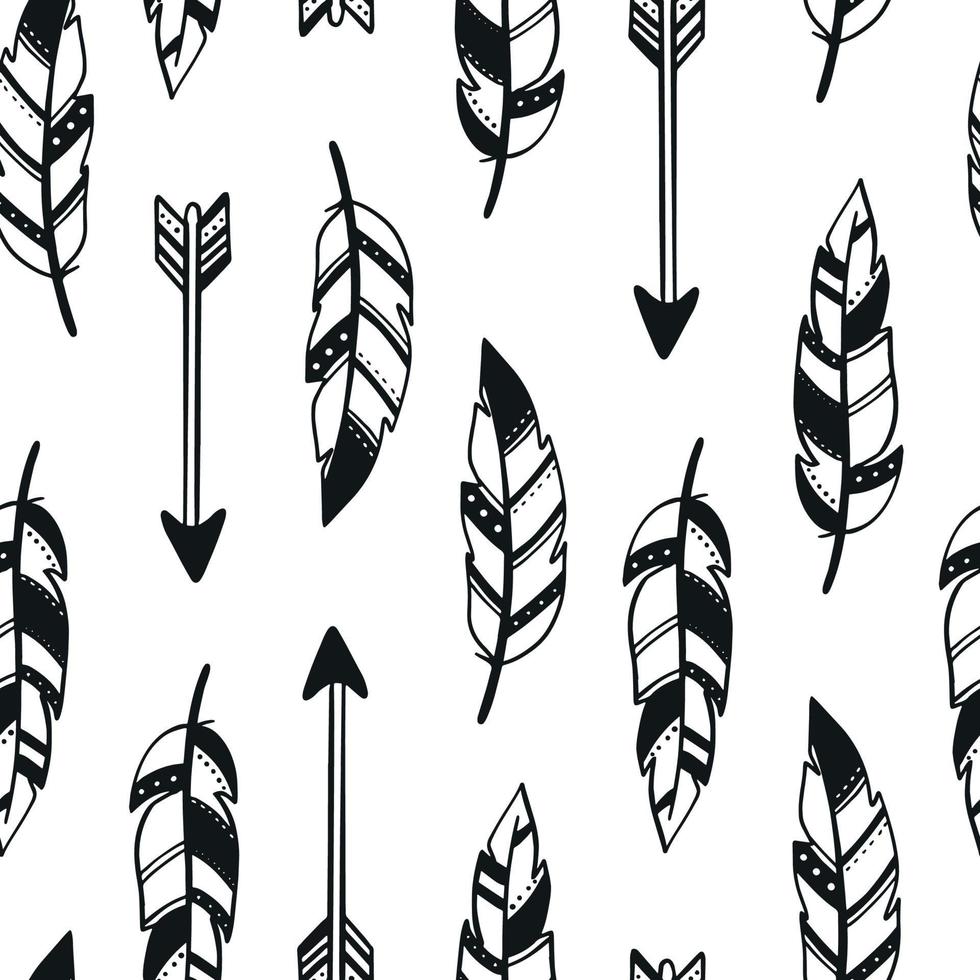 cute seamless pattern with hand drawn feathers and arrows on white background. Good for wrapping paper, nursery textile prints, scrapbooking, stationary. Tribal, boho style. EPS 10 vector