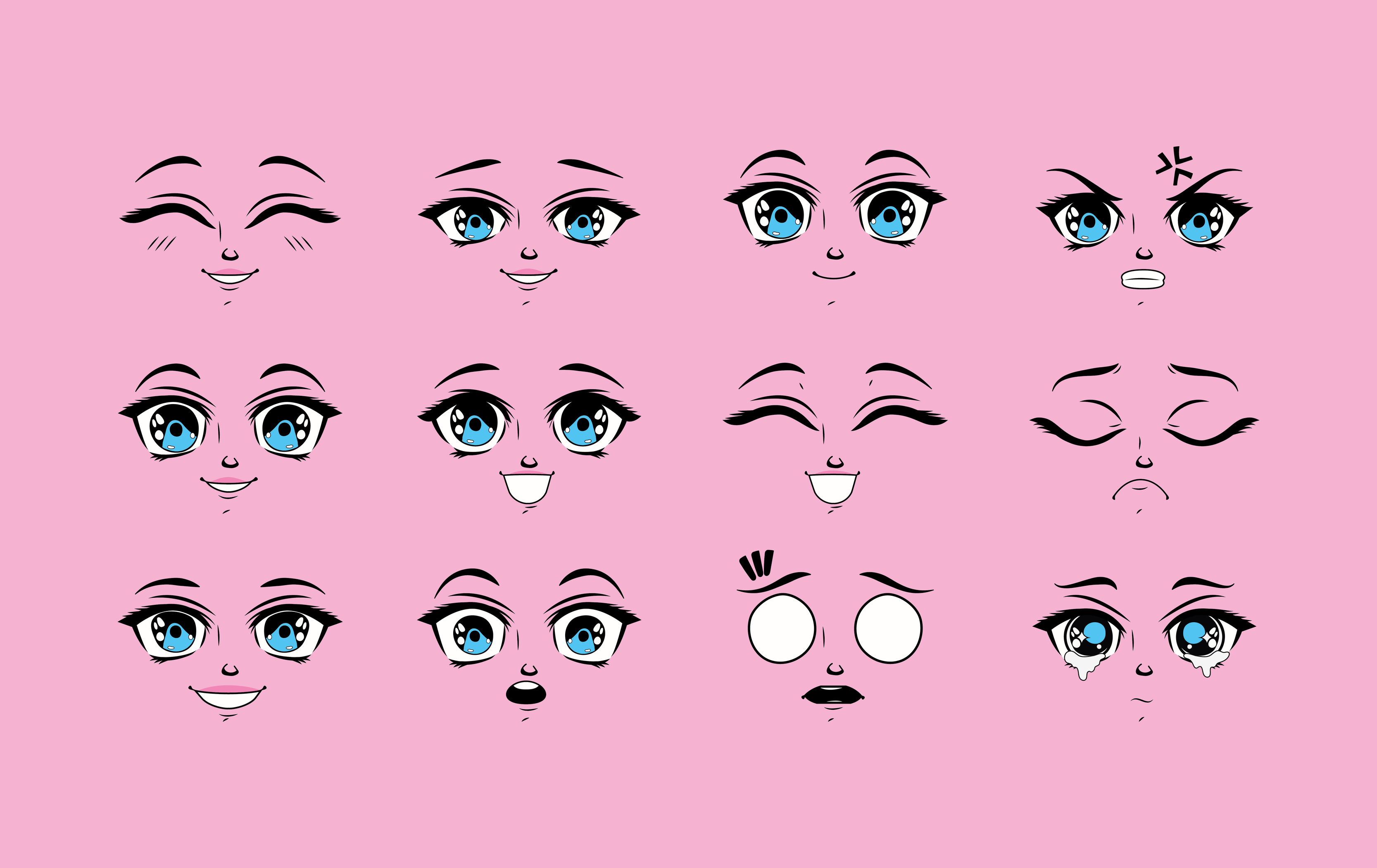Manga male expression. Man emotions anime faces. Eyes, mouth