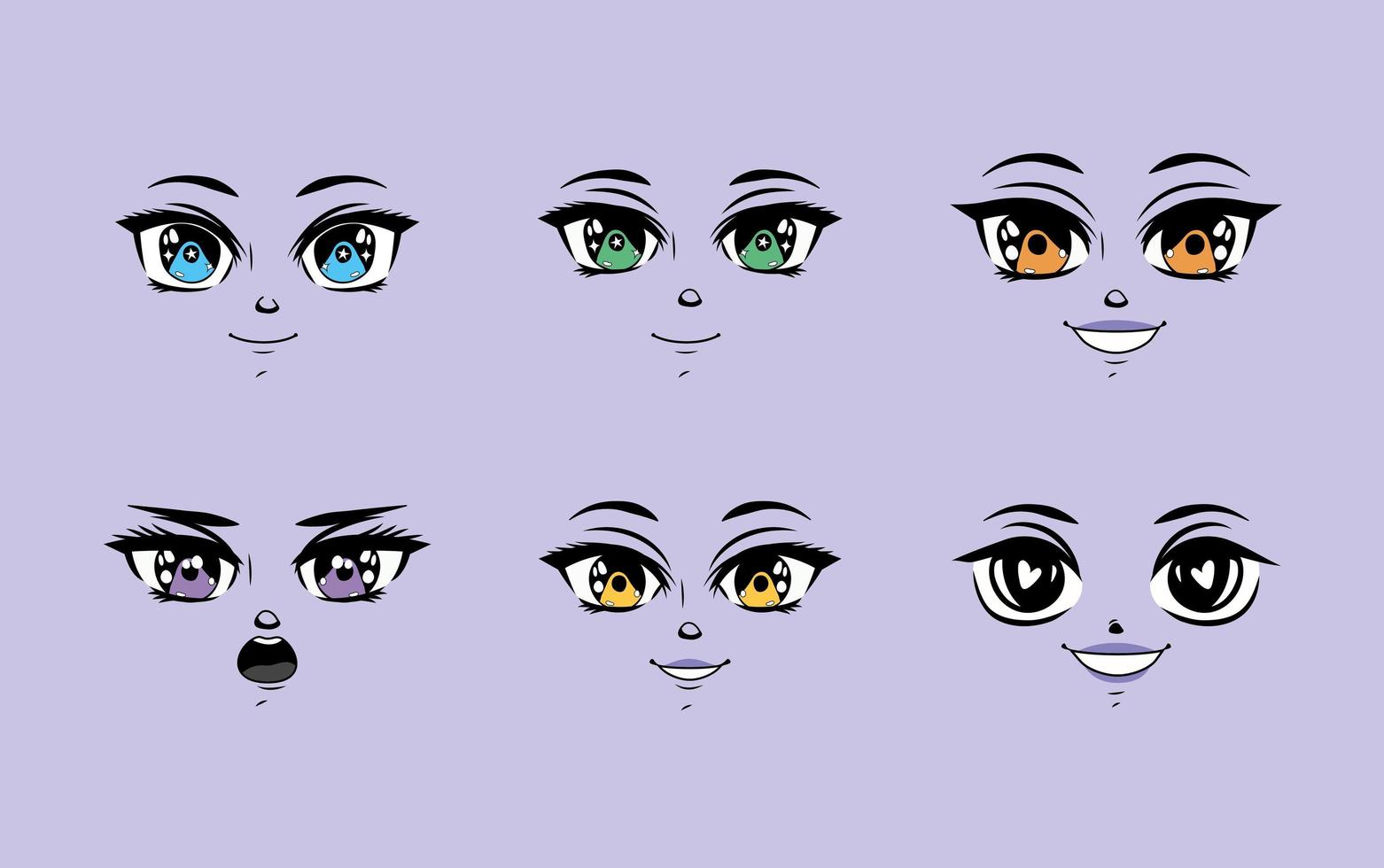 seis reacciones de anime ojos vector