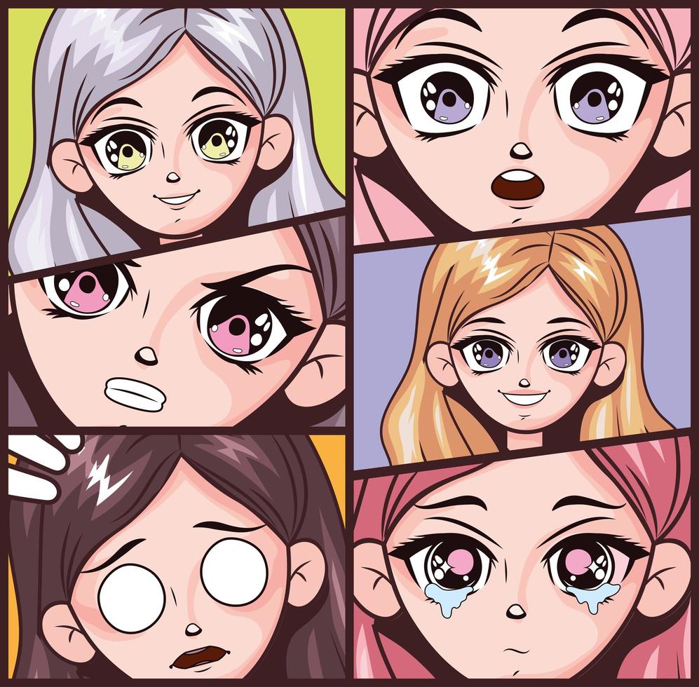 six anime emotions faces vector