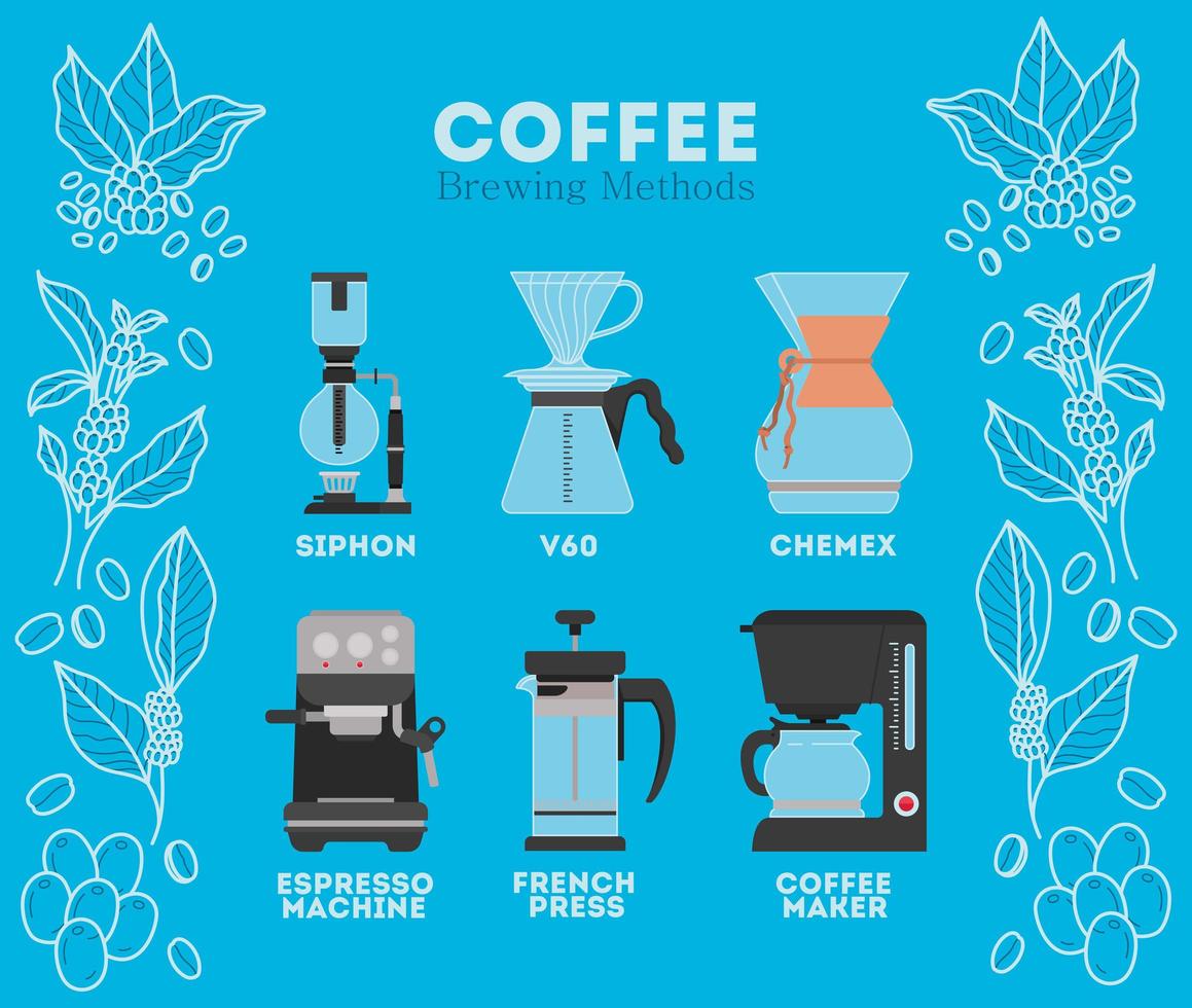 six coffee brewing methods vector