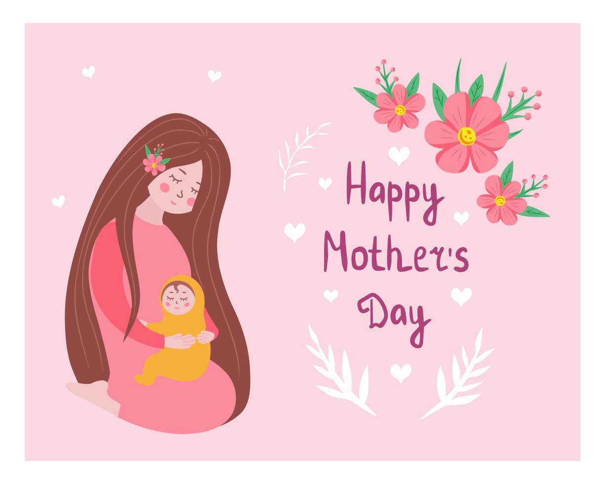 Happy Mothers Day Greeting Card. Mother Holding Baby In Arms. Illustration for printing, backgrounds, covers, packaging, greeting cards, posters, stickers, textile and seasonal design. vector