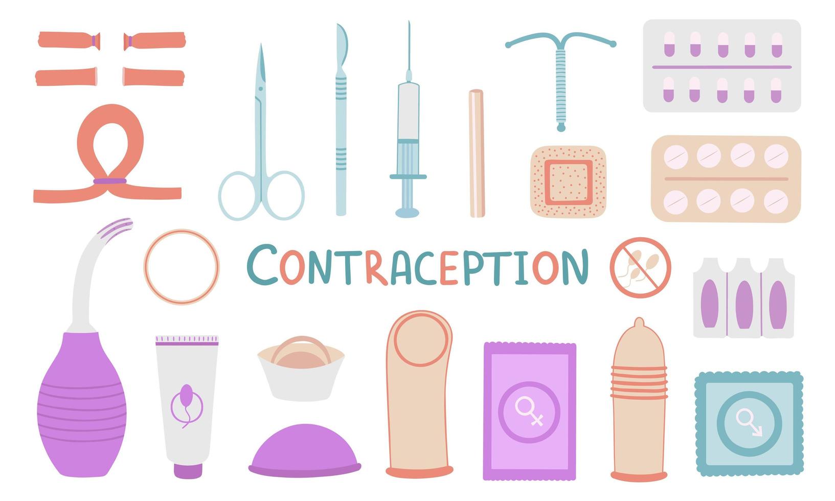 Contraception set. Birth control. Vaginal, ring, douche, condom, pills, IUD, implant, diaphragm and injection. Illustration for printing, backgrounds and posters. Isolated on white background. vector
