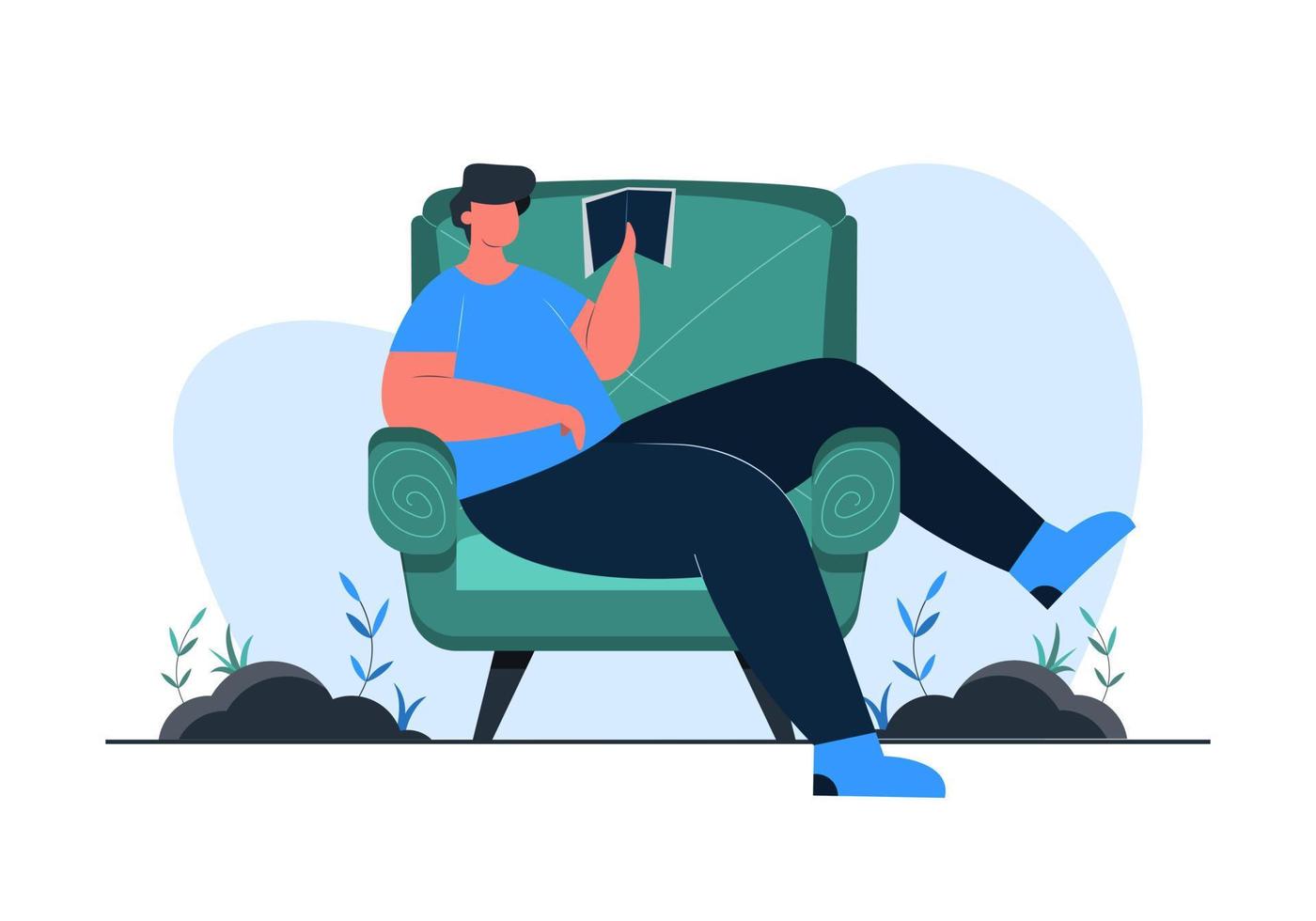 un hombre leyendo un libro en una ilustración del concepto de sofá vector