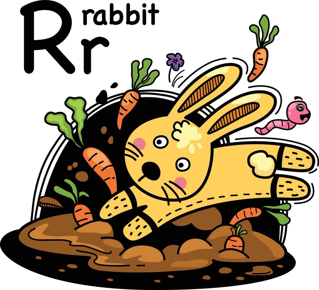 Hand drawn.Alphabet Letter R-rabbit vector