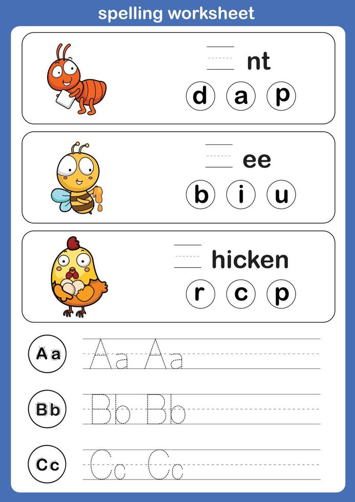 Spelling worksheet , exercise with cartoon vocabulary illustration, vector