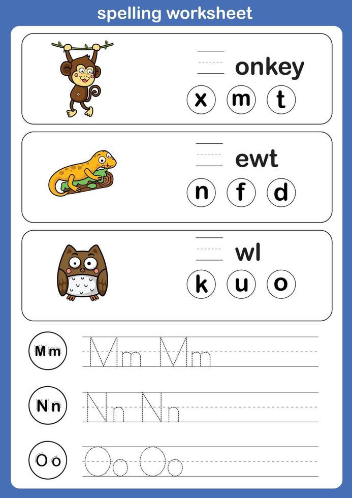 Spelling worksheet , exercise with cartoon vocabulary illustration, vector