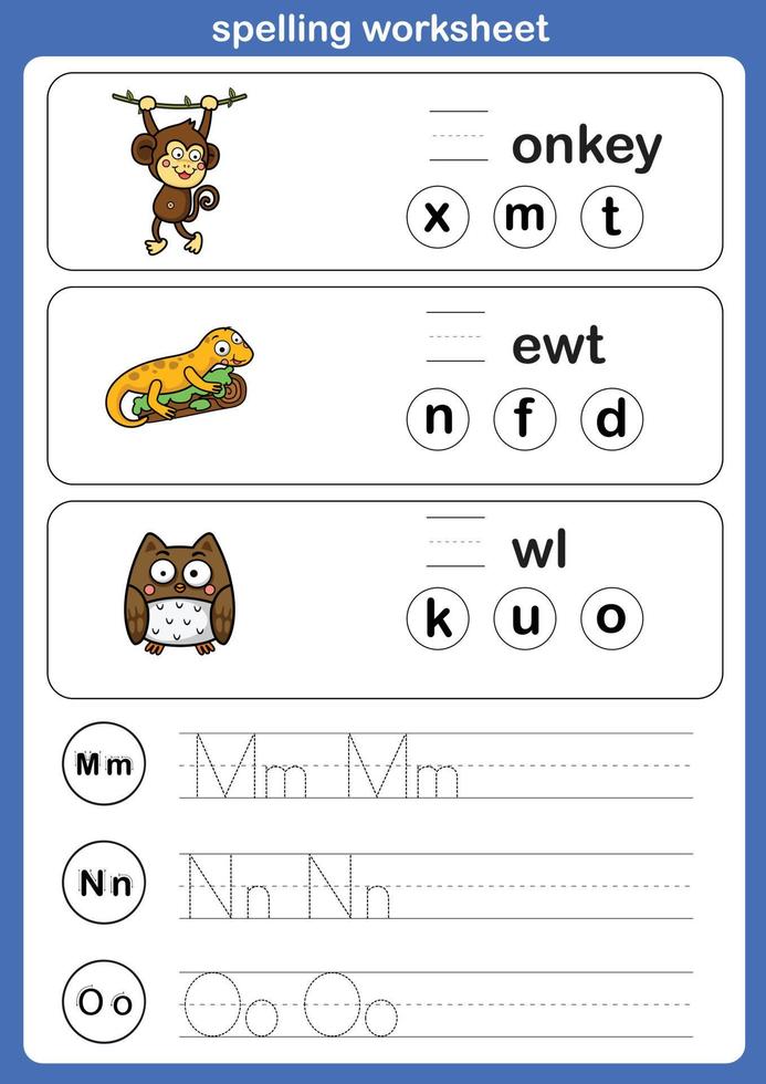 hoja de trabajo de ortografía, ejercicio con ilustración de vocabulario de dibujos animados, vector