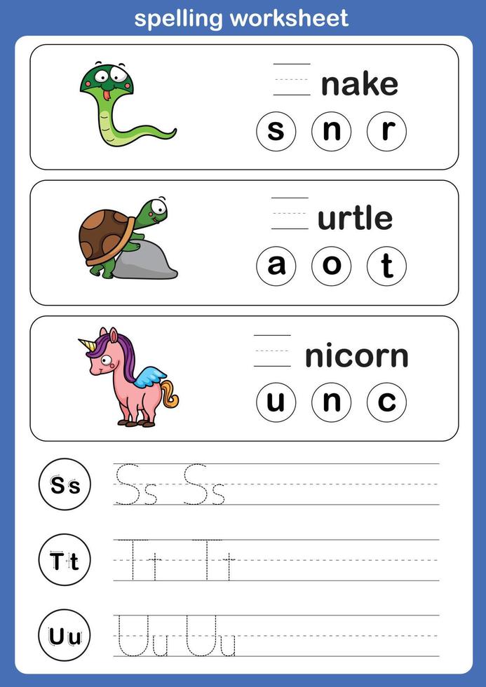 Spelling worksheet , exercise with cartoon vocabulary illustration, vector