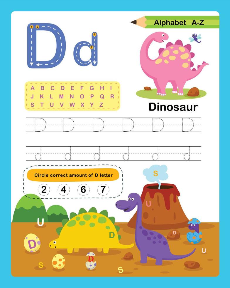 Alphabet Letter D - Dinosaur exercise with cartoon vocabulary illustration, vector