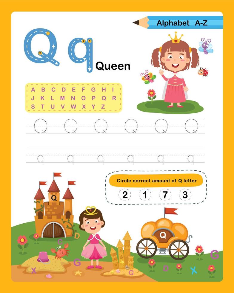 Alphabet Letter Q - Queen exercise with cartoon vocabulary illustration, vector