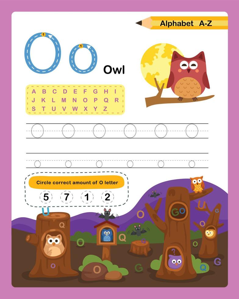 Alphabet Letter O - Owl  exercise with cartoon vocabulary illustration, vector