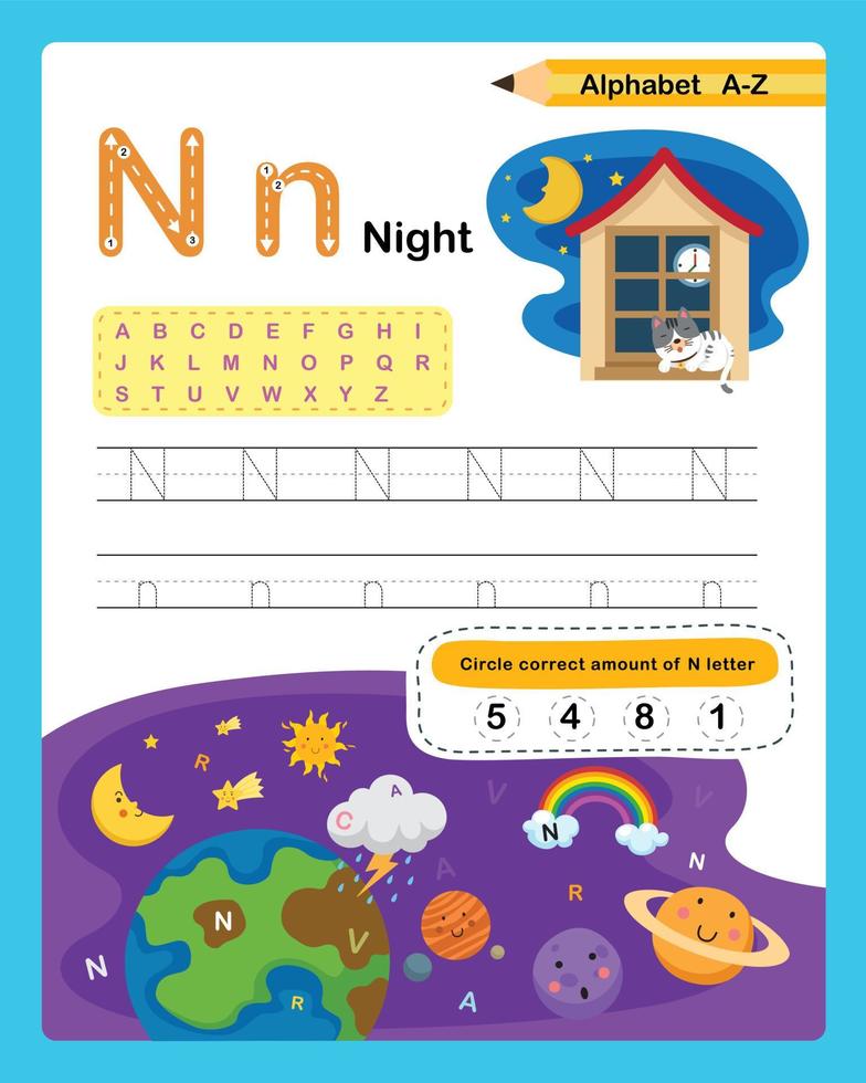 letra del alfabeto n - ejercicio nocturno con ilustración de vocabulario de dibujos animados, vector