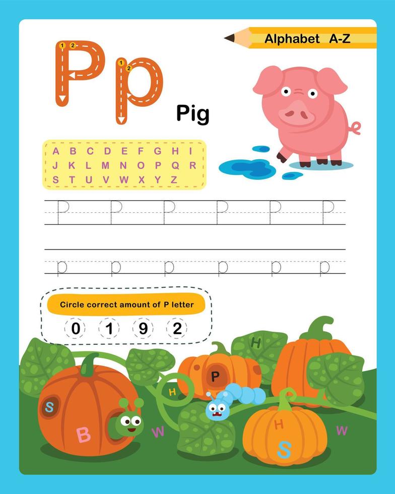 Alphabet Letter P - Pig  exercise with cartoon vocabulary illustration, vector