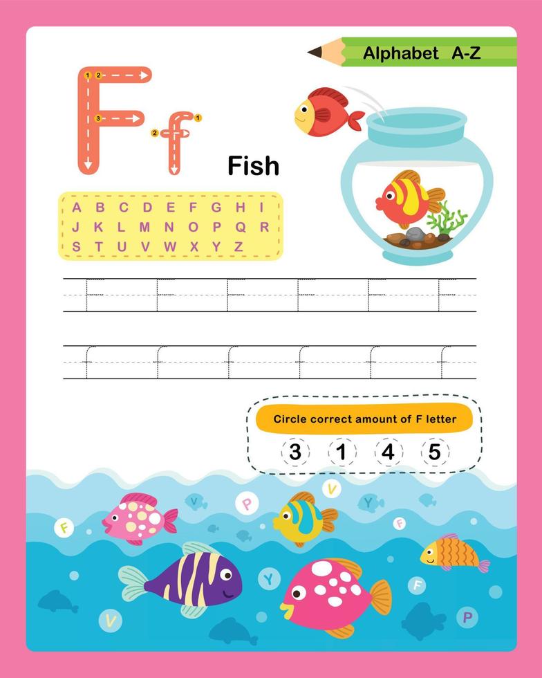 Alphabet Letter F - Fish exercise with cartoon vocabulary illustration, vector