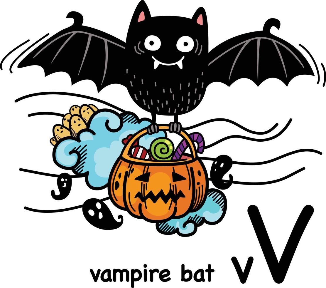 Hand drawn.Alphabet Letter V-vampire bat vector
