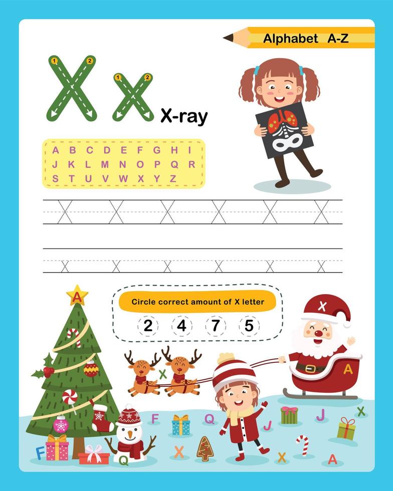 Alphabet Letter X - X ray exercise with cartoon vocabulary illustration, vector