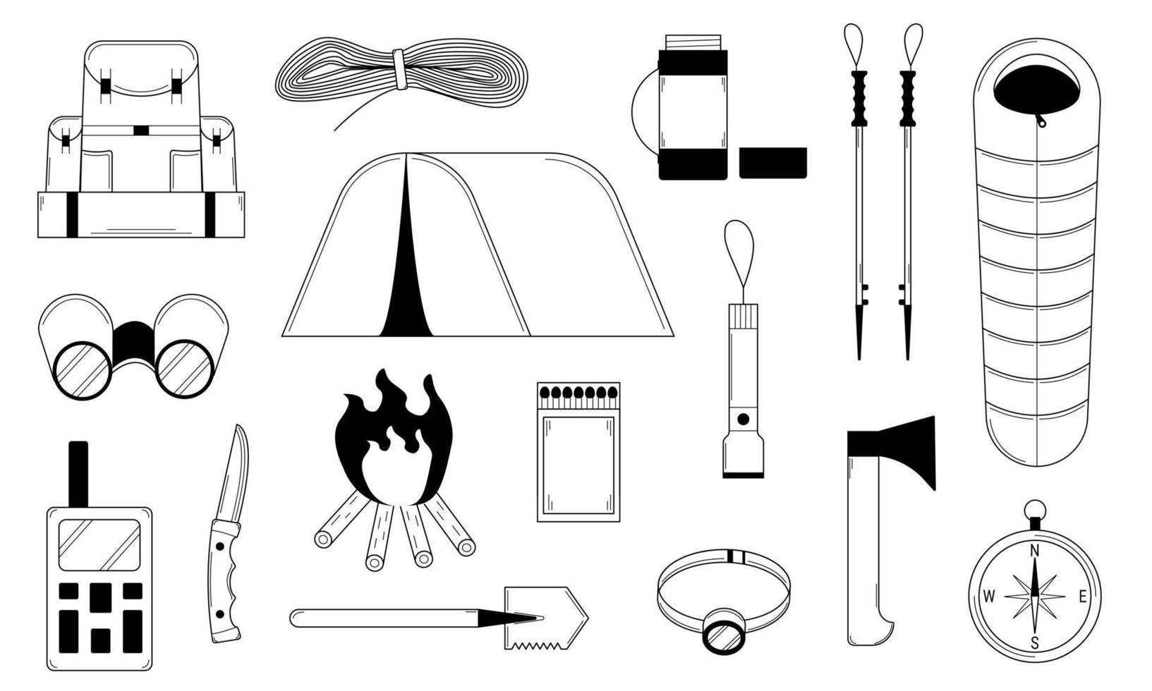 Hand drawn set of equipment for hiking and tourism. Active type of recreation. Doodle scetch. Vector illustration
