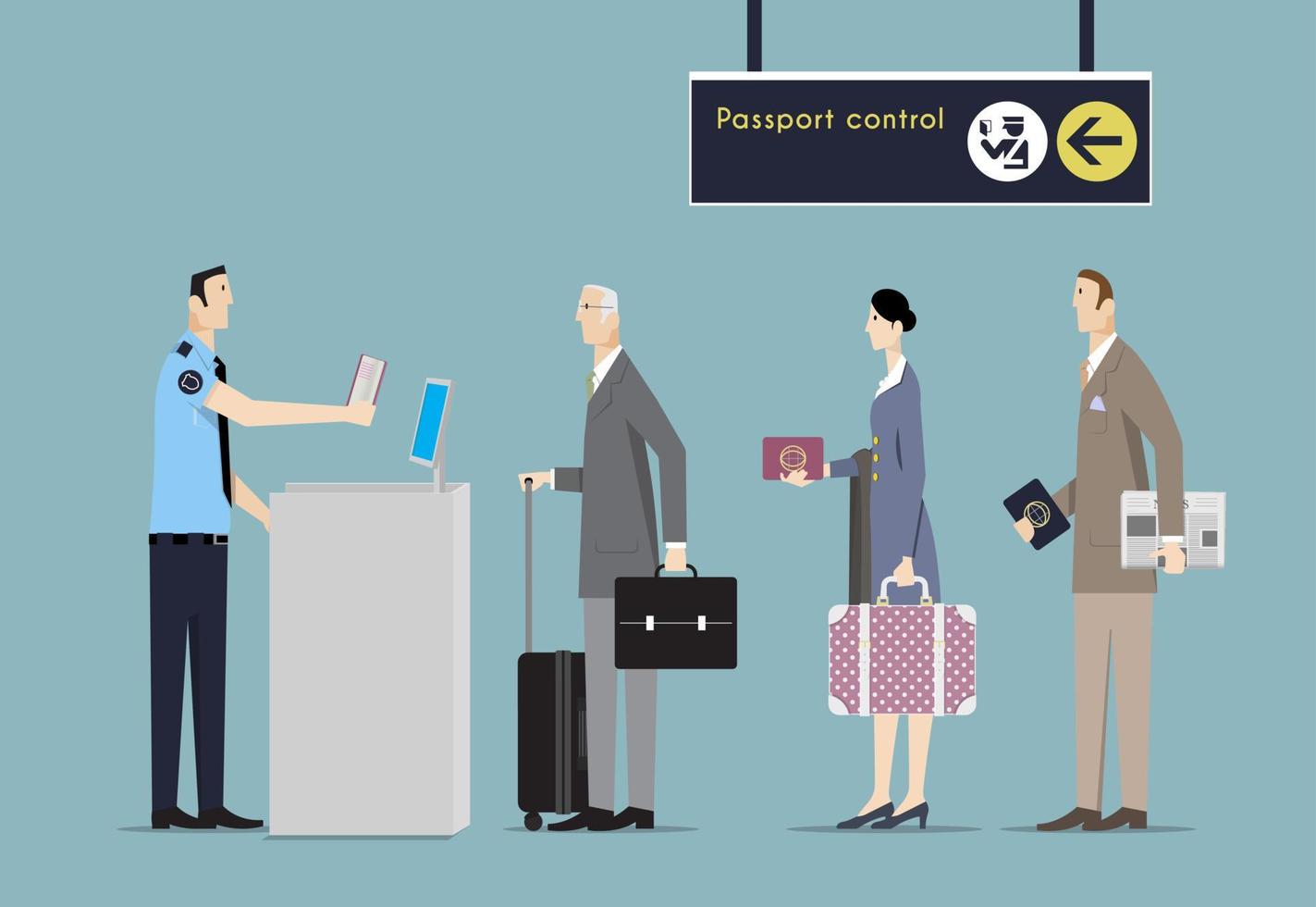 Air Travelers Queue at Border Passport Control. vector