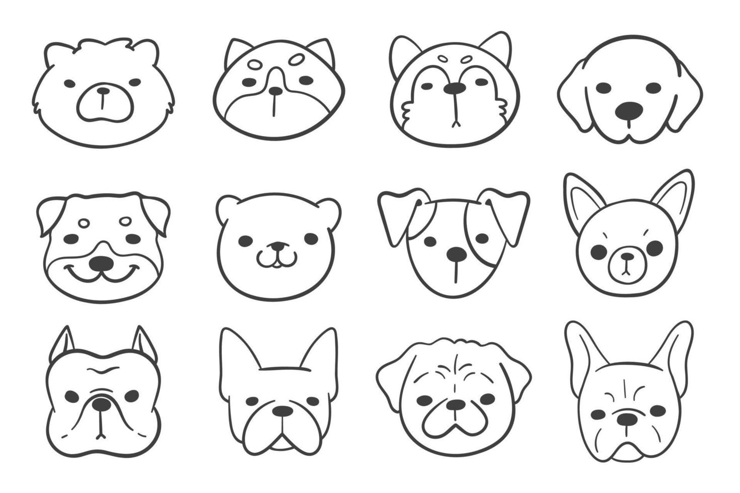 Lines of the faces of various breeds of dogs decorate coloring book for kids vector