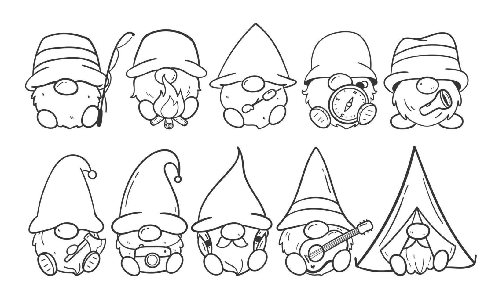 cartoon lines camping gnomes holding hiking gear coloring book for kids vector