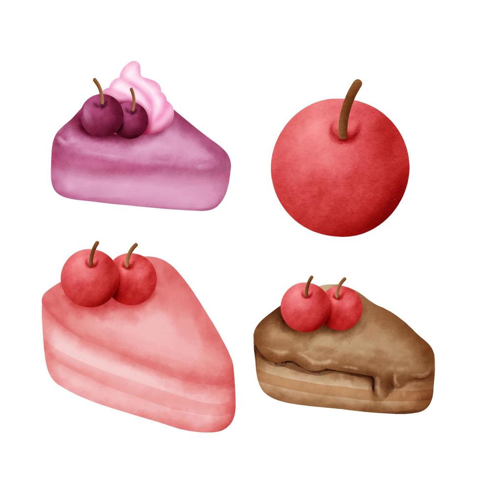 Set of cute cakes in watercolor style. vector