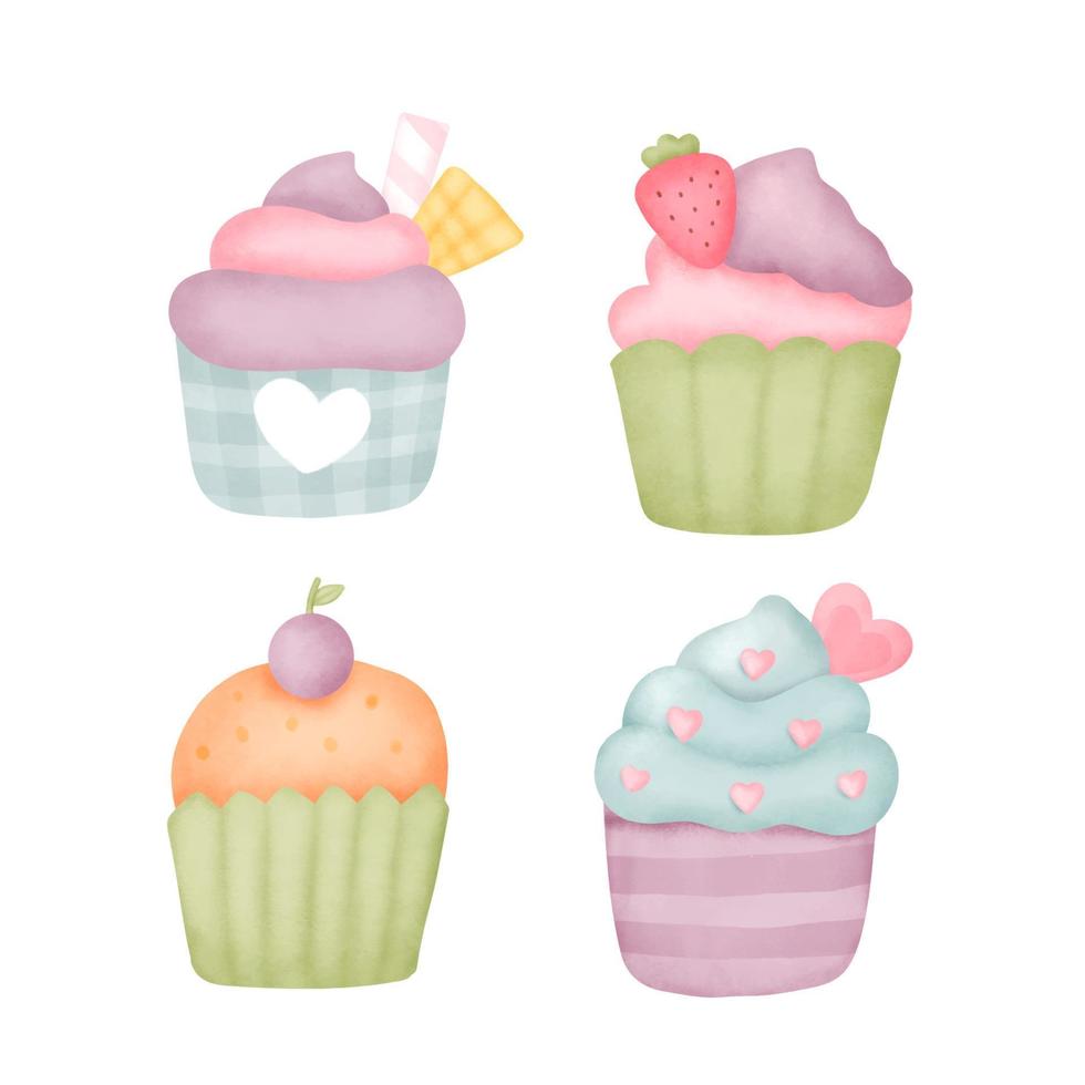 Set of cute cup cakes in watercolor style. vector