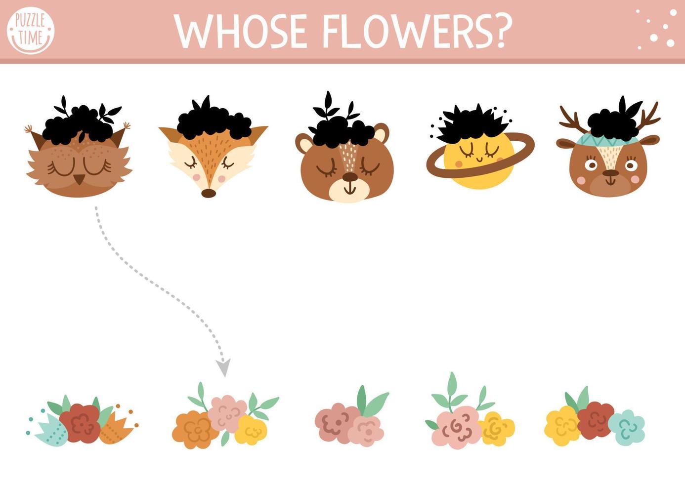 Mothers day shadow matching activity for children with cute animal and flowers on heads. Fun game with cute ethnic boho forest animals game for kids. Find correct silhouette printable worksheet. vector