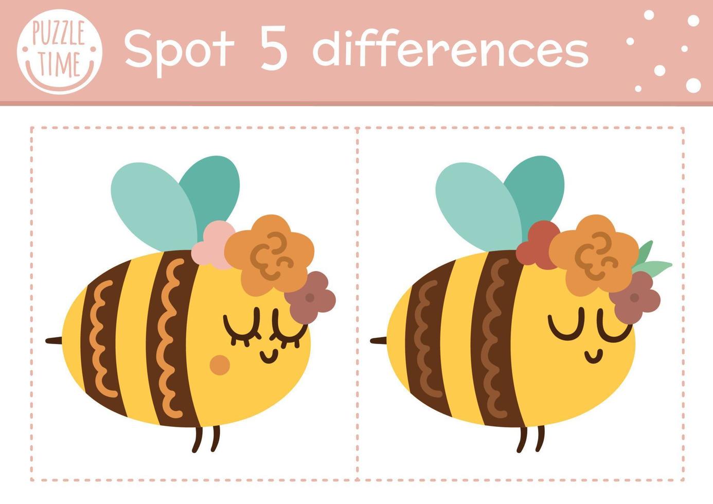 Find differences game for children. Woodland educational activity with funny bumblebee. Printable worksheet with cute insect. Spring nature puzzle for kids. Forest preschool sheet vector