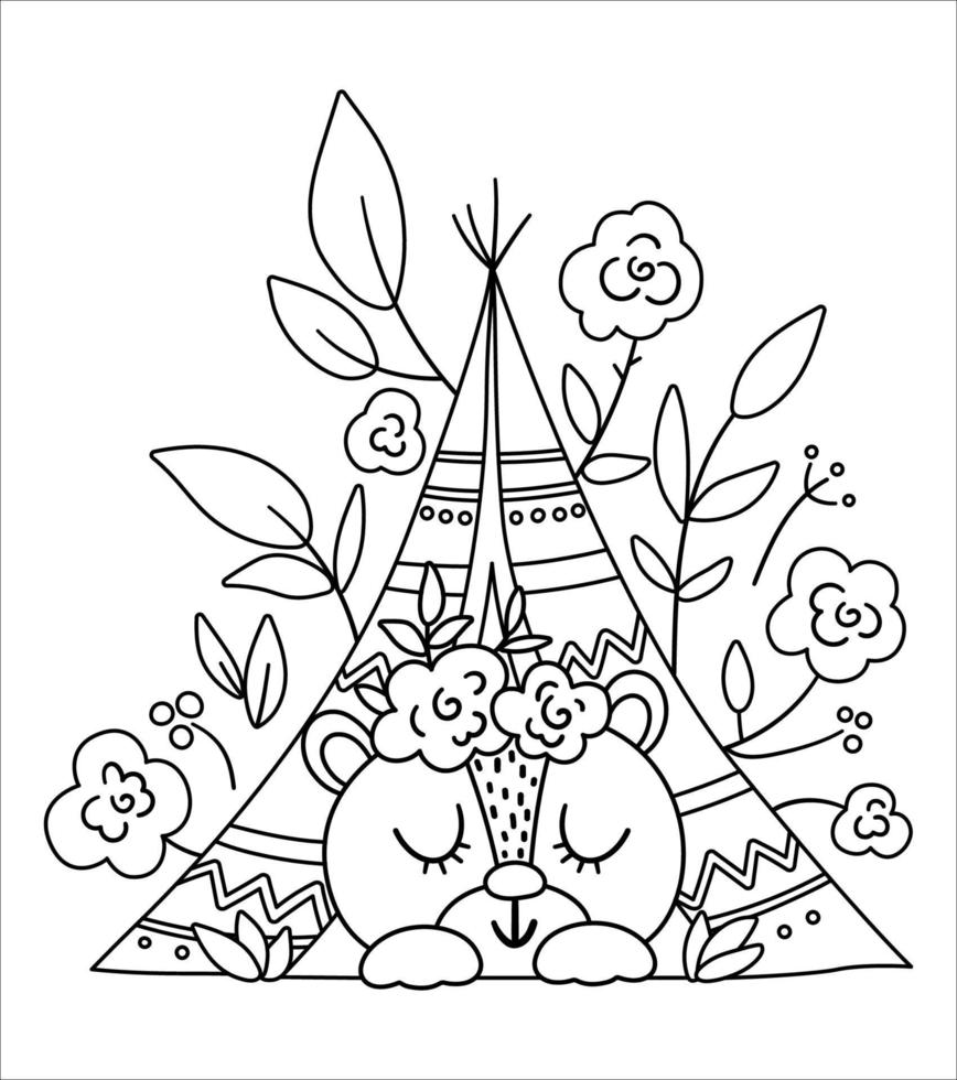 Vector bohemian bear sleeping in wigwam with flowers on head. Woodland black and white animal isolated on white background. Boho forest floral composition. Forest coloring page.