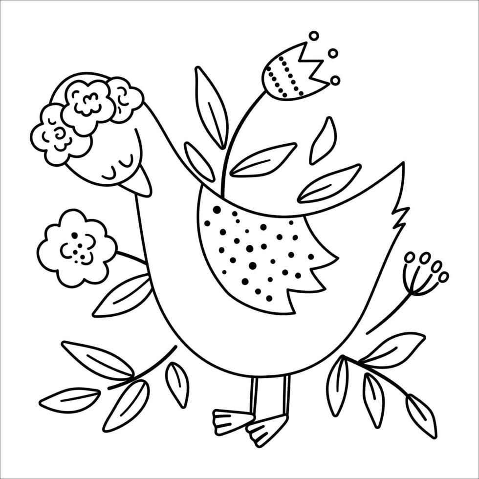 ganso bohemio vectorial con flores en la cabeza. pájaro blanco y negro del bosque aislado sobre fondo blanco. composición floral del bosque boho con animal. página para colorear del bosque. vector