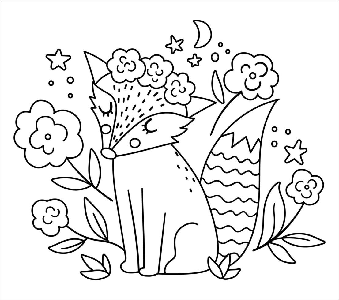 Vector bohemian fox with flowers on head. Woodland black and white animal isolated on white background. Boho forest floral line composition. Forest coloring page.
