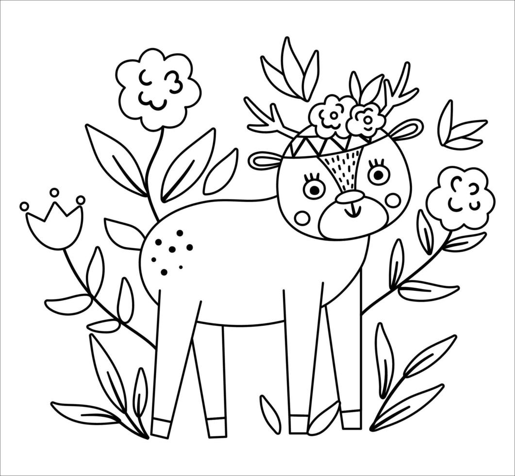 Vector bohemian deer with flowers on head. Woodland black and white animal isolated on white background. Boho forest floral line composition. Forest coloring page.