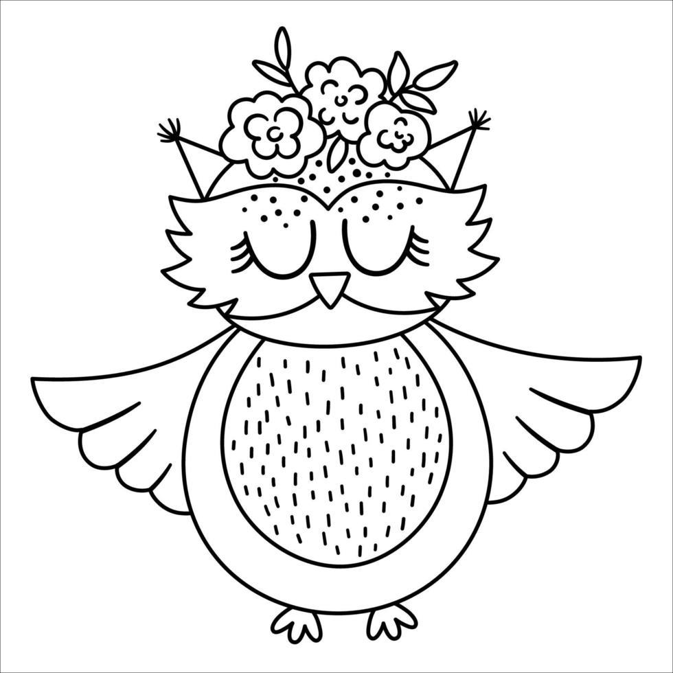 Vector black and white owl with spread wings and flowers on the head. Cute bohemian style woodland bird line icon isolated on white background. Sweet boho forest illustration for card design.