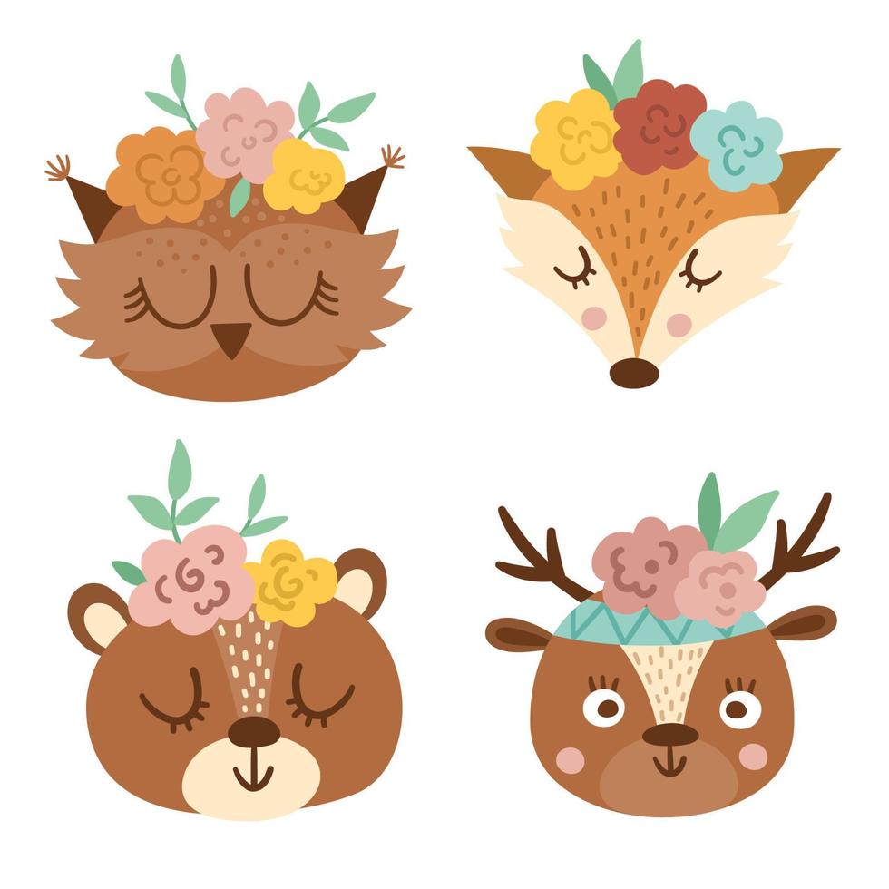 Set of vector cute wild animal faces with flowers on their heads. Boho forest avatars collection. Funny illustration of owl, bear, deer, fox for kids. Woodland icons pack isolated on white background.