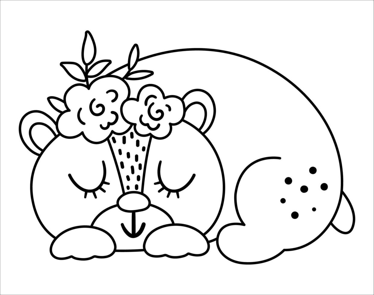 oso dormido vectorial blanco y negro con flores en la cabeza. Bonito icono de línea de animales del bosque de estilo bohemio aislado en fondo blanco. dulce ilustración de bosque boho para tarjeta o diseño de impresión. vector