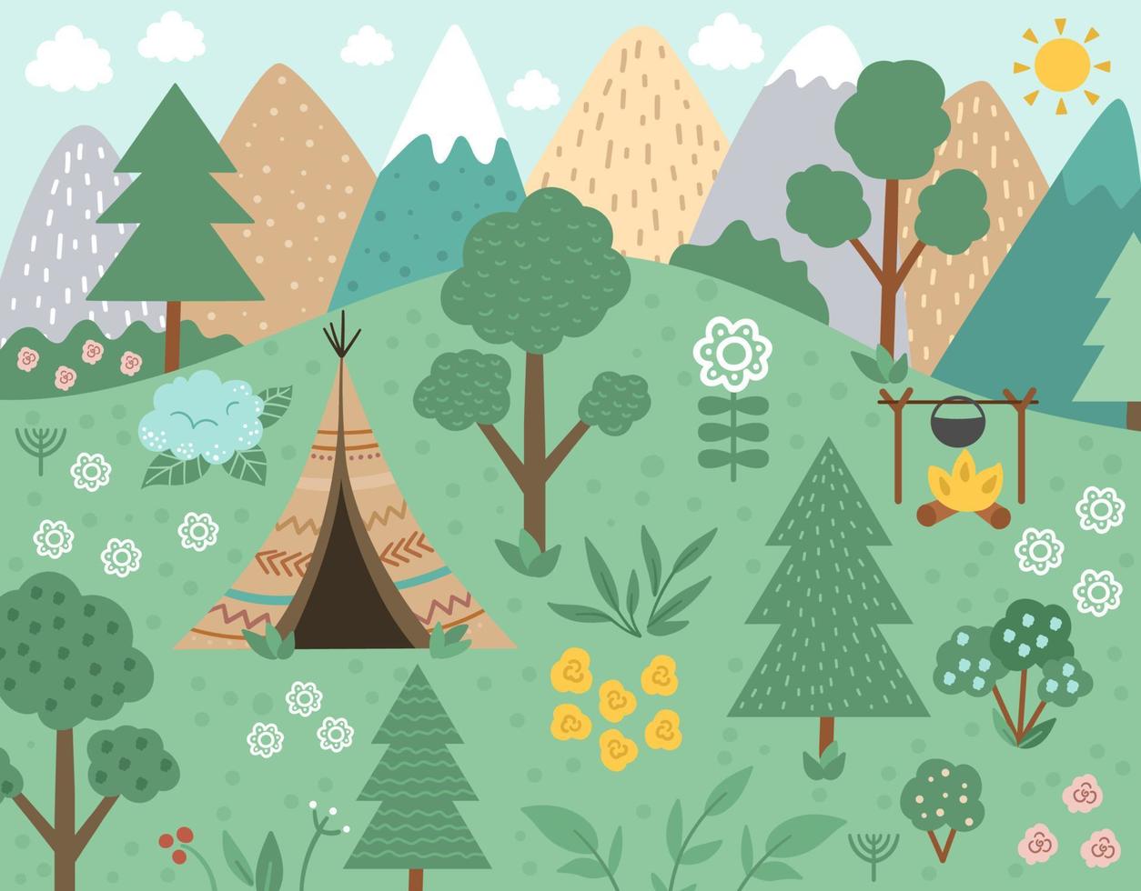 Vector forest scene with wigwam, fire, mountains. Spring or summer woodland scenery with trees and plants. Wild nature landscape illustration or background.