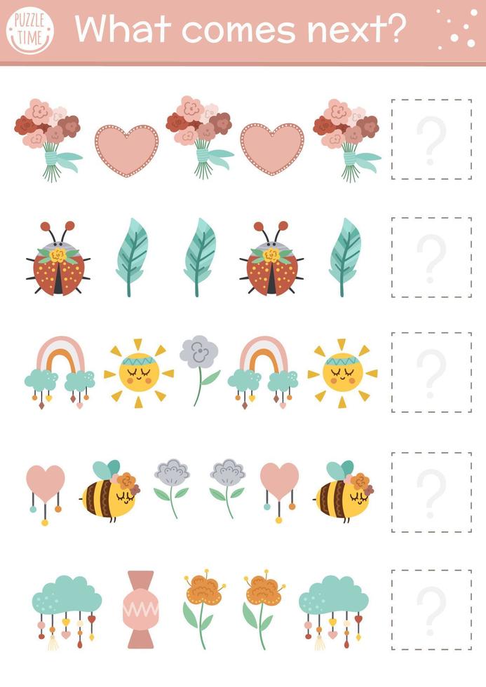 What comes next. Mothers day matching activity for preschool children with traditional holiday symbols and animals. Funny educational puzzle. Logical worksheet. Continue the row game. vector