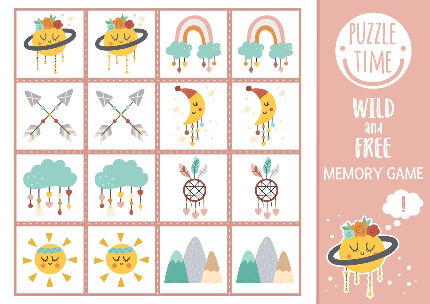 Vector wild and free memory game cards with planet, mountains, arrows. Matching activity with cute characters. Remember and find correct card. Simple ethnic printable worksheet for kids.