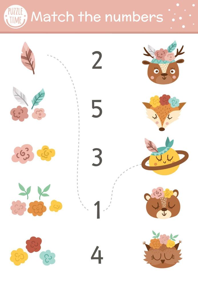 juego de combinación del día de la madre con lindos animales boho y decoración de la cabeza. actividad matemática navideña para niños en edad preescolar con flores. hoja de trabajo de conteo imprimible con elementos divertidos para niños vector