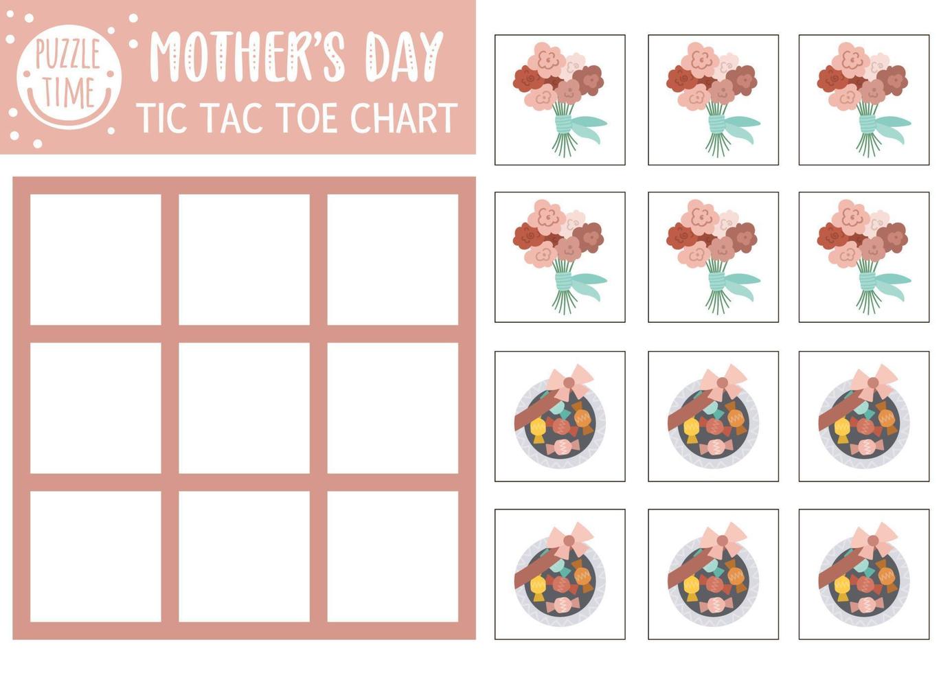 Vector Mothers day tic tac toe chart with traditional holiday presents. Holiday board game playing field with bouquet and sweet box. Funny printable worksheet for kids. Noughts and crosses grid