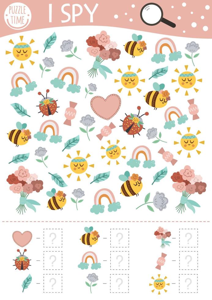 Mothers day I spy game for kids. Searching and counting activity for preschool children with traditional holiday objects. Funny spring printable worksheet for kids. Simple festive spotting puzzle. vector