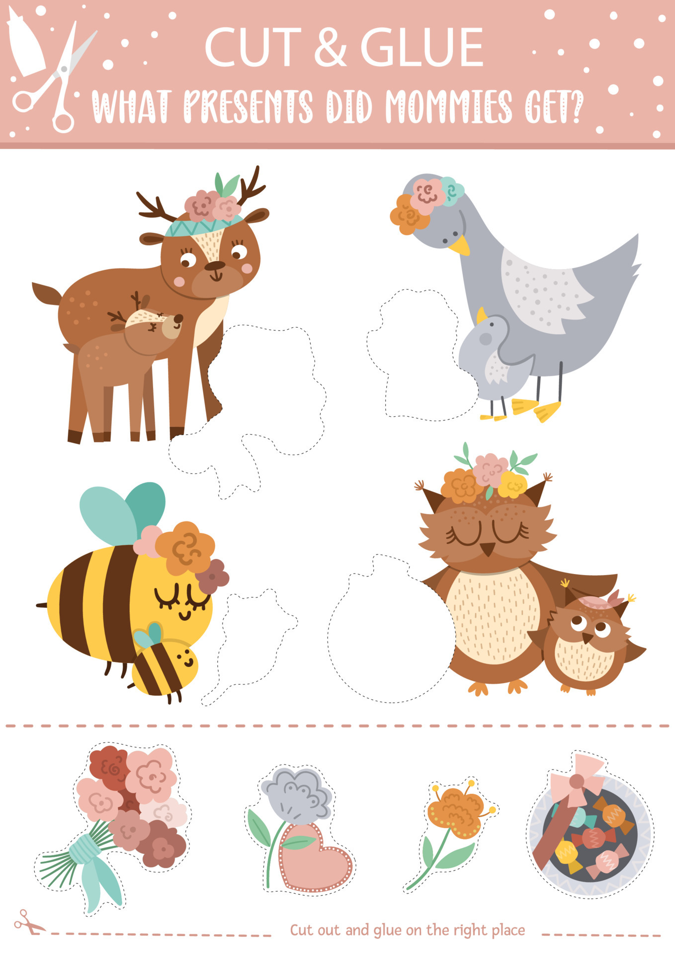 Vector Mothers day cut and glue activity. Holiday educational crafting game  with wild baby animals and their moms. Fun spring printable worksheet for  kids. What presents did mommies get 6618663 Vector Art