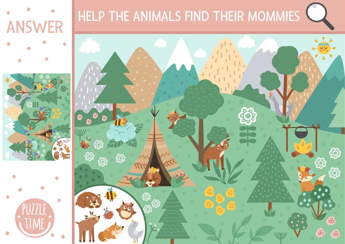 Vector Mothers day holiday searching game with cute baby and mother animals in the forest. Find hidden mamas in the picture. Simple fun spring educational printable activity for kids