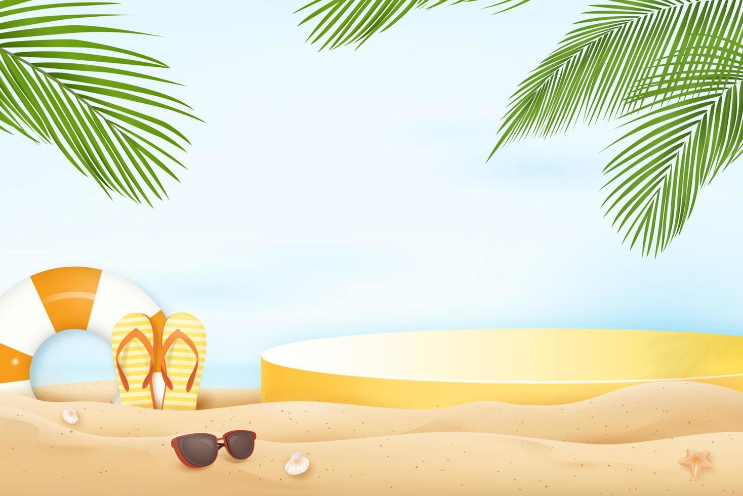 Tropical summer beach mock up background with podium for product display vector